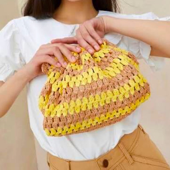 NWOT Loeffler Randall Willa Woven Raffia Ruched Yellow & Natural Clutch - Picture 1 of 13